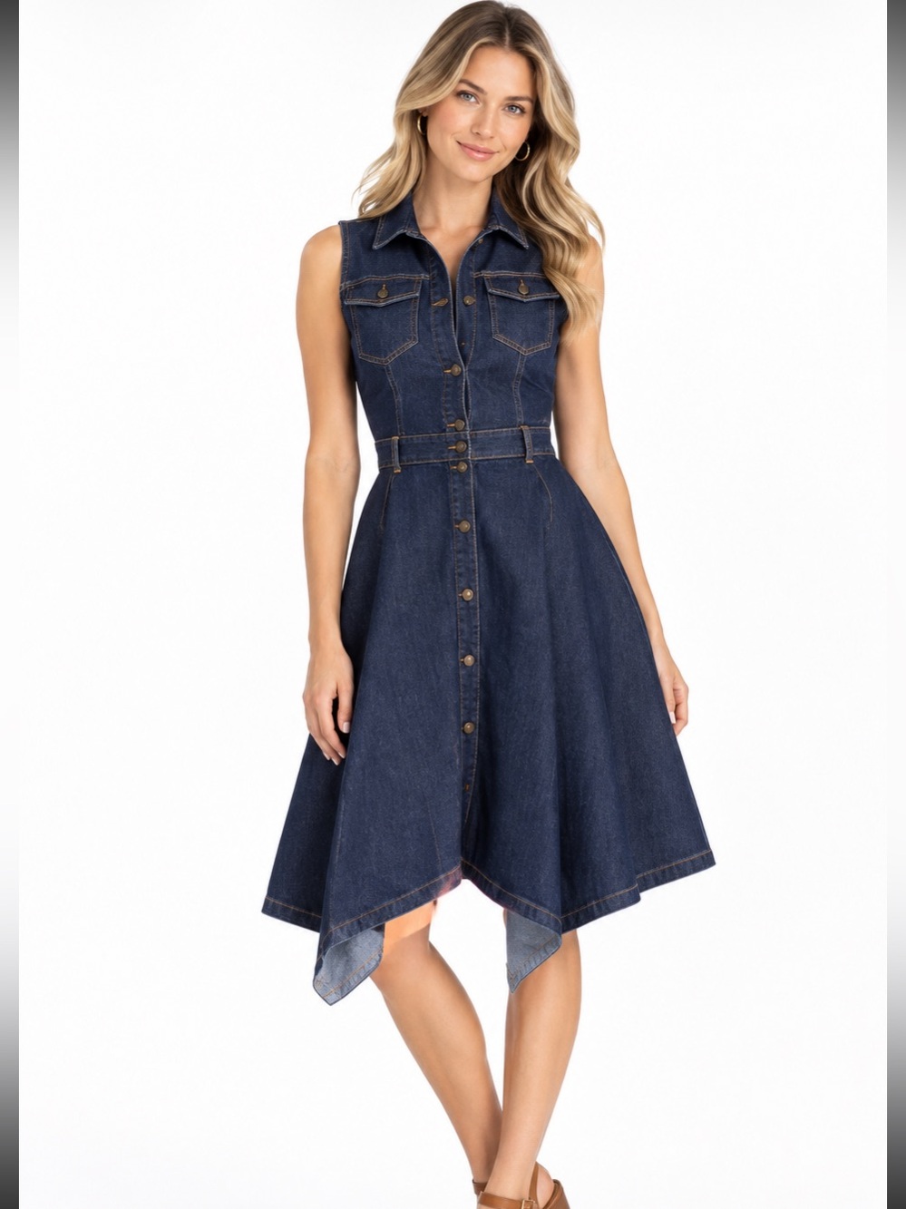 VENUS Dark Blue Denim Sleeveless Fit-and-Flare Button Up Midi Dress 2 NWT